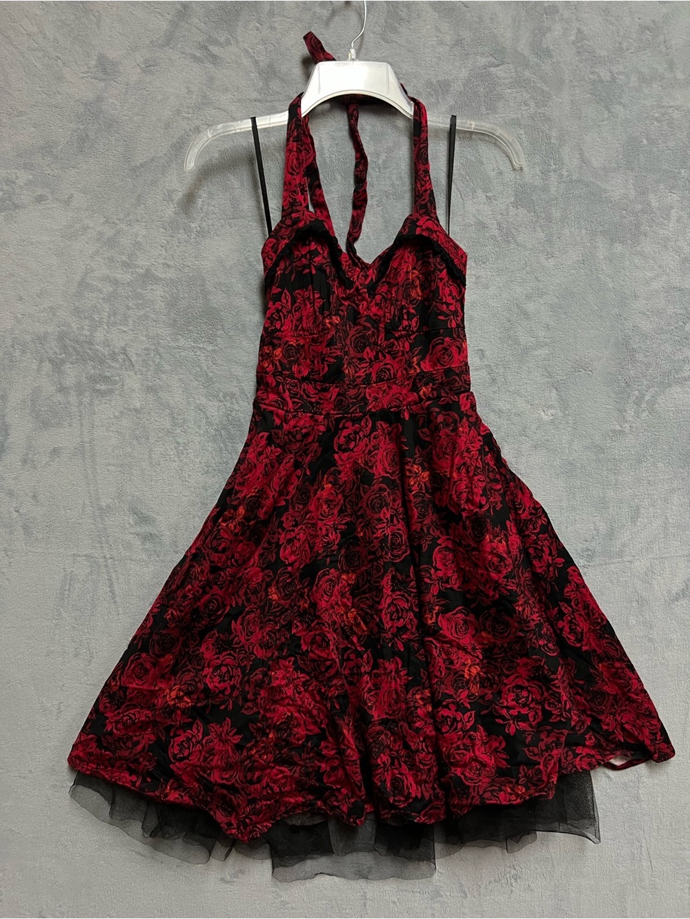 Hot Topic Red Black Floral Rose Halter Dress Sweetheart Tulle Gothic Punk Size S